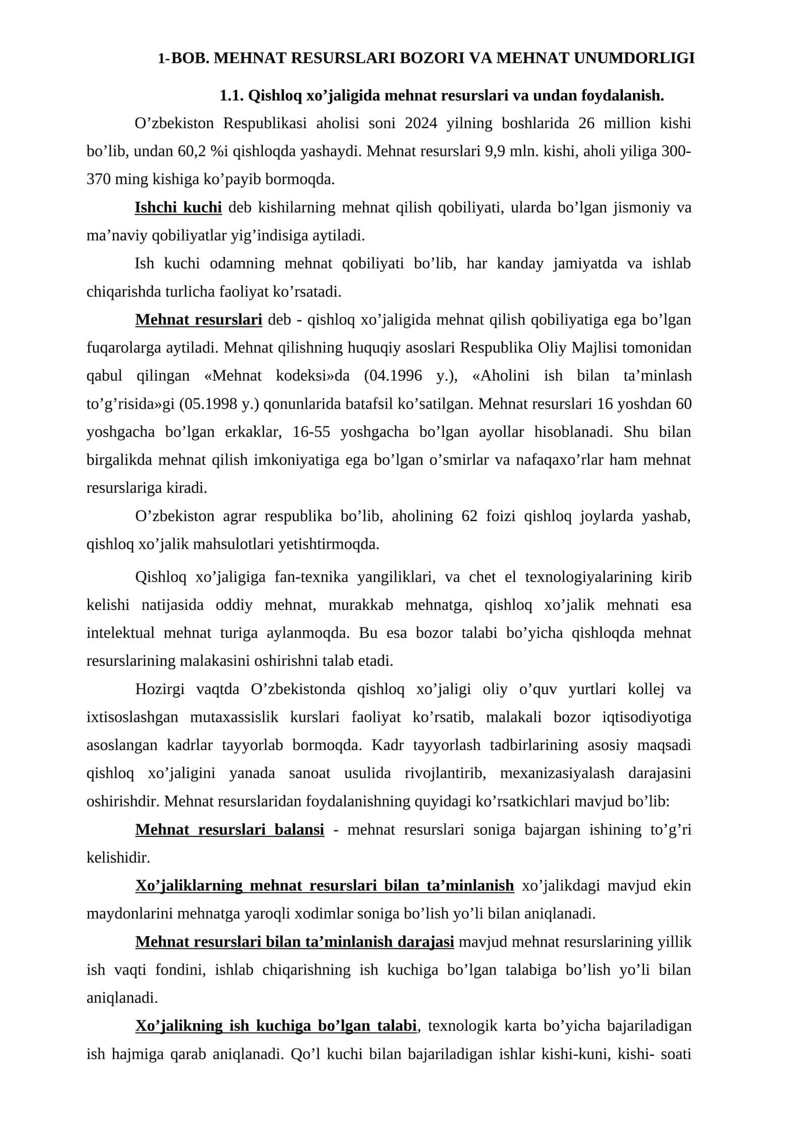 MEHNAT RESURSLARI BOZORI VA MEHNAT UNUMDORLIGI