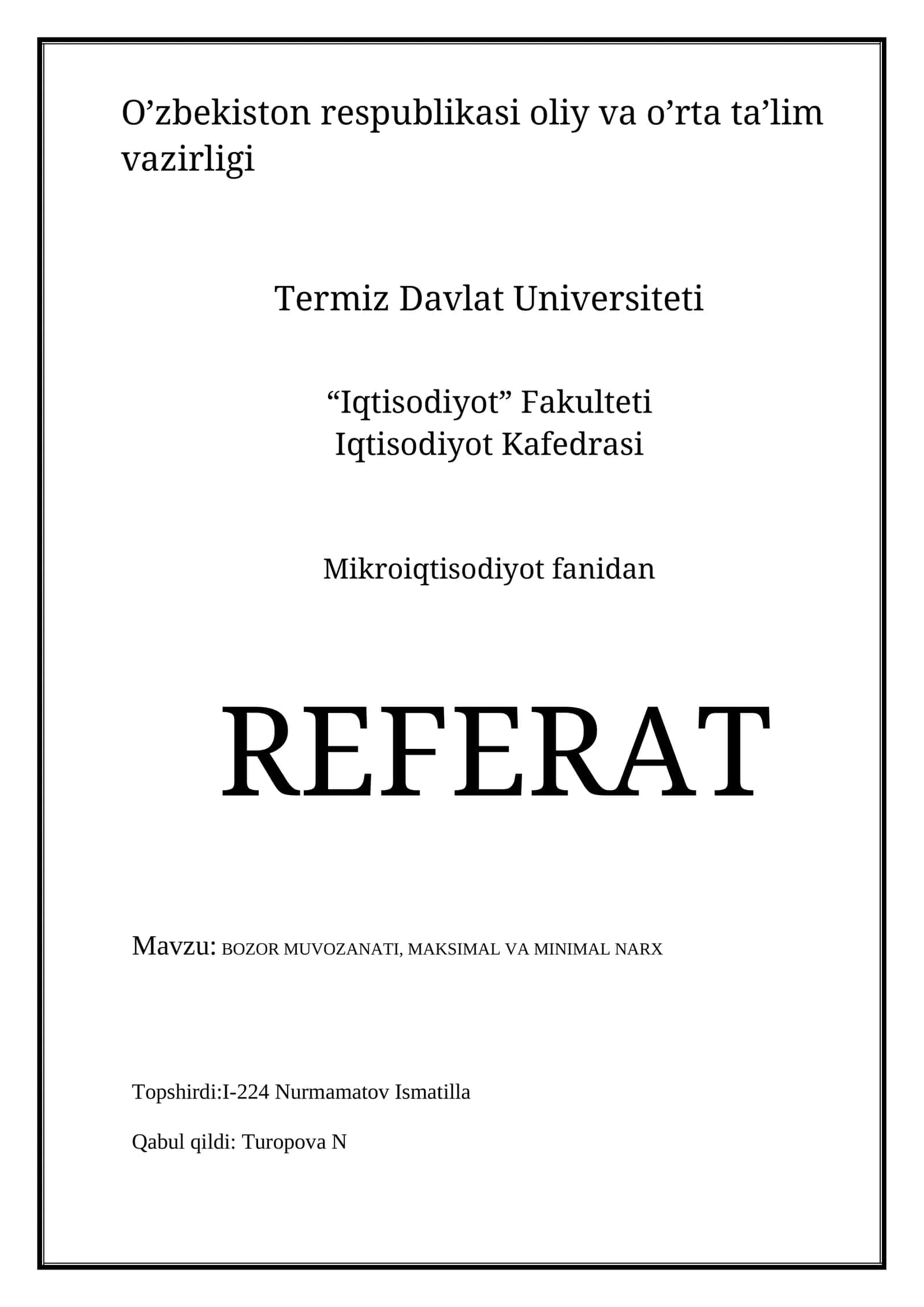 BOZOR MUVOZANATI, MAKSIMAL VA MINIMAL NARX