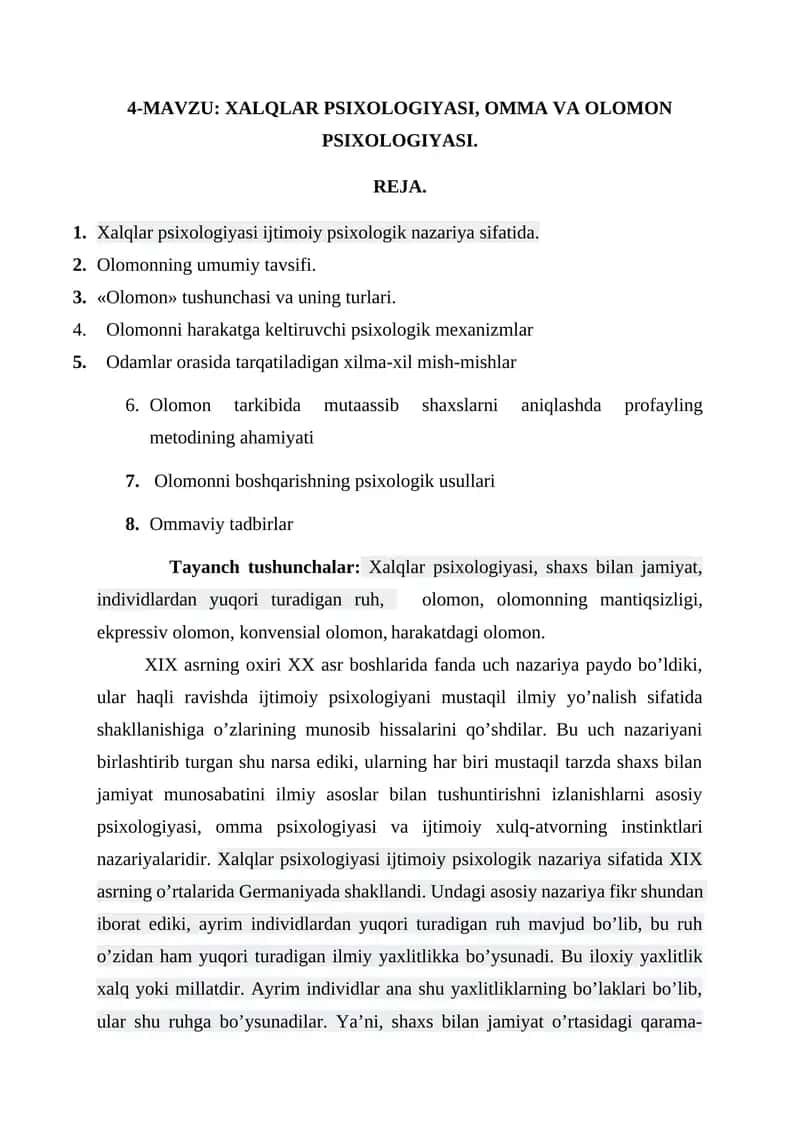 XALQLAR PSIXOLOGIYASI, OMMA VA OLOMON PSIXOLOGIYASI