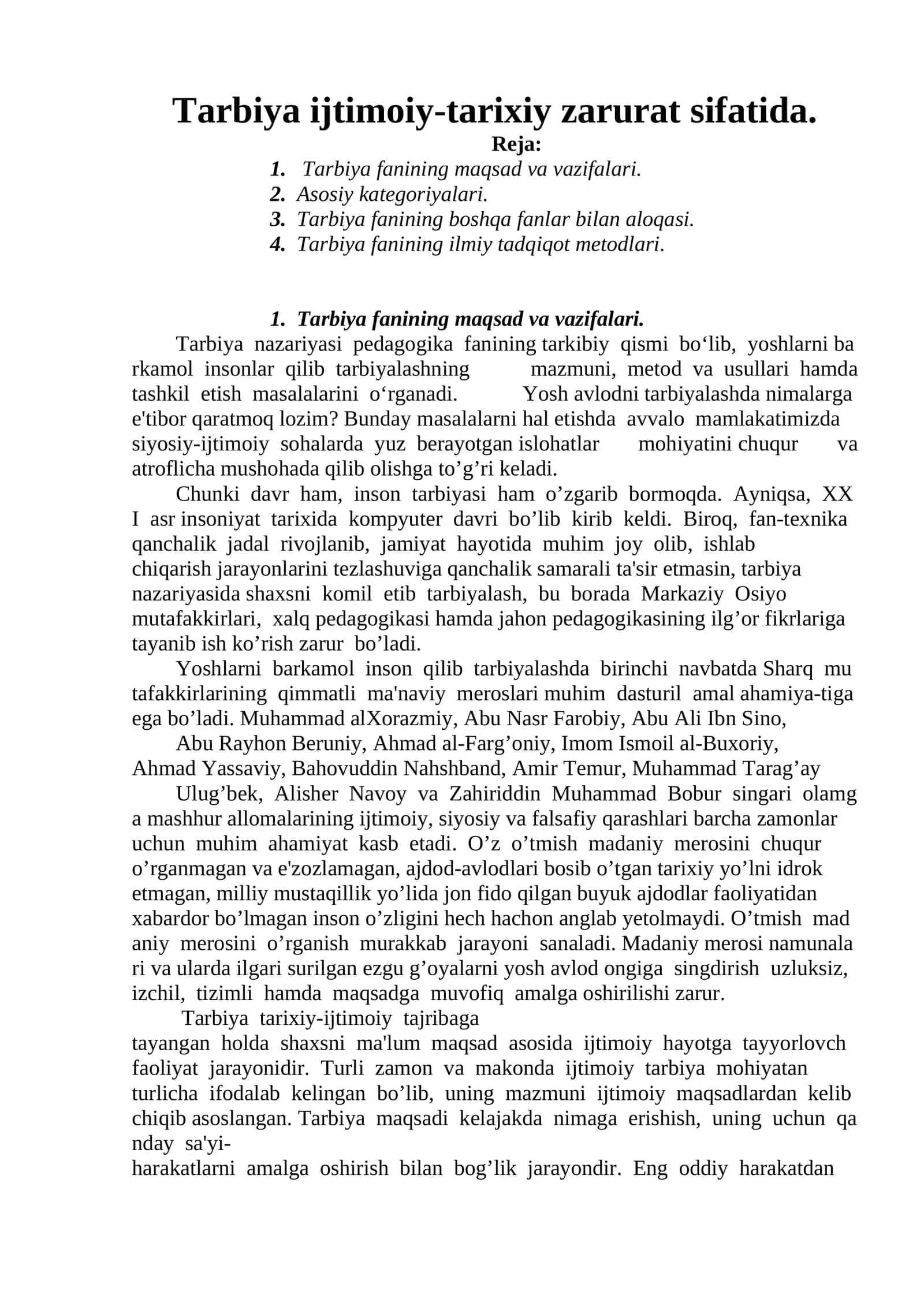 Tarbiya fanining maqsad va vazifalari