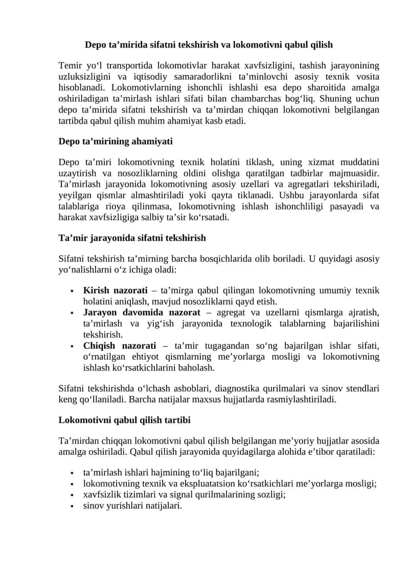 Depo ta’mirida sifatni tekshirish va lokomotivni qabul qilish