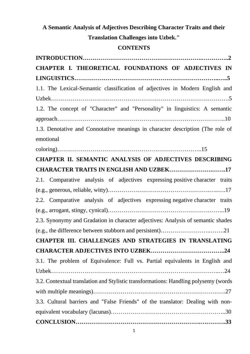 A Semantic Analysis of Adjectives Describing Character Traits and their Translation Challenges into Uzbek
