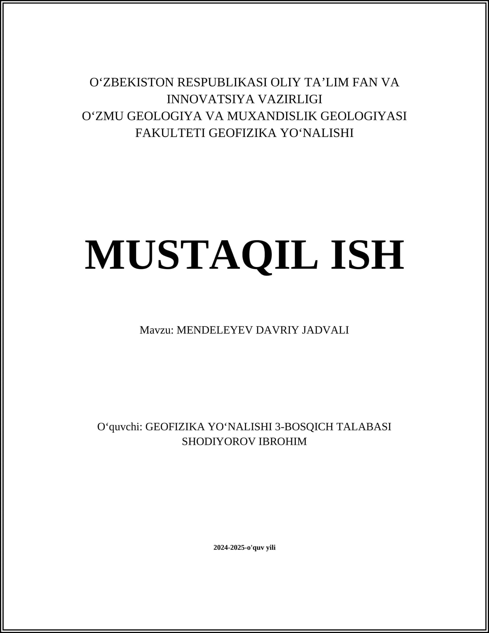 MENDELEYEV DAVRIY JADVALI