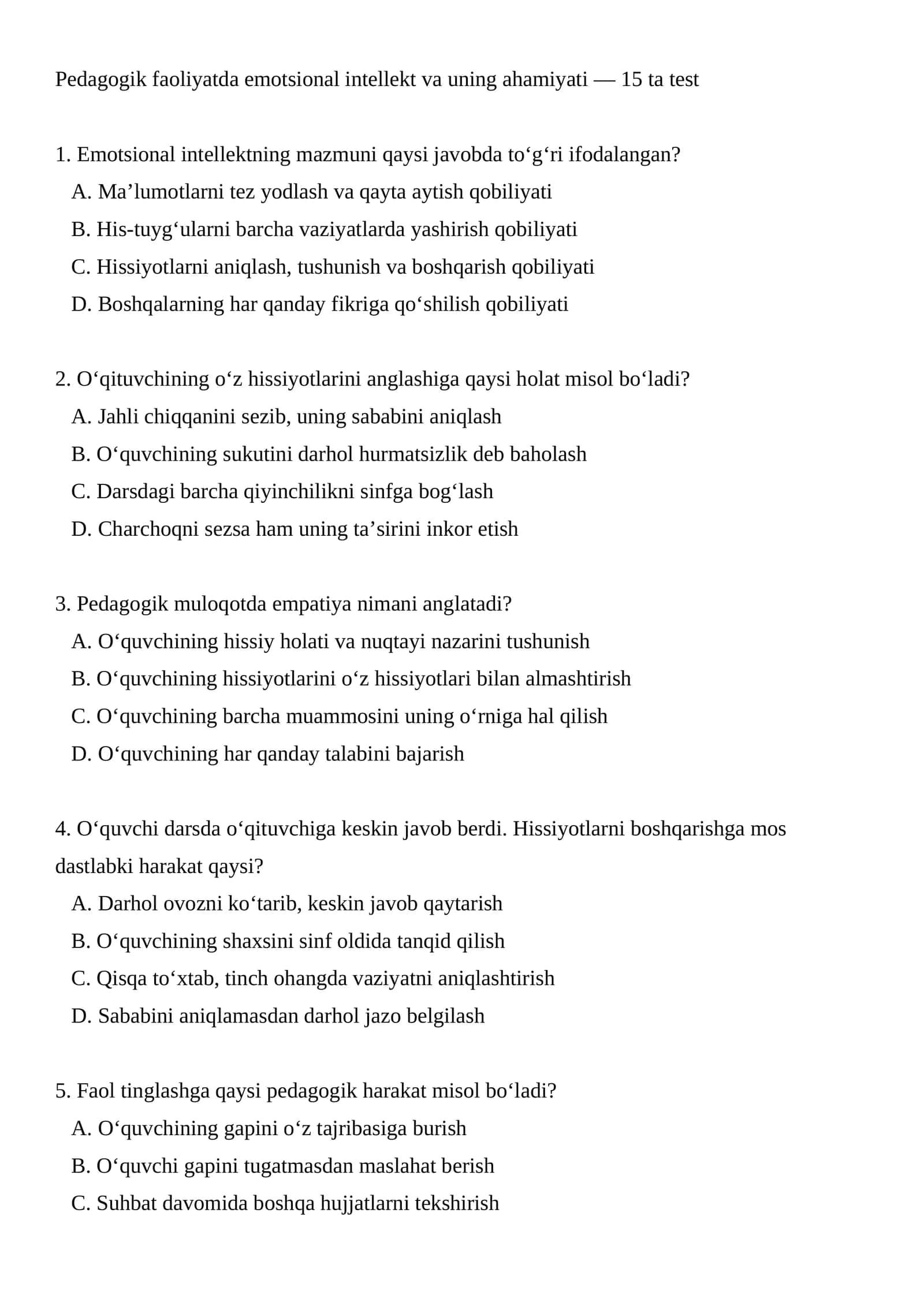 Pedagogik faoliyatda emotsional intellekt va uning ahamiyati TEST.
