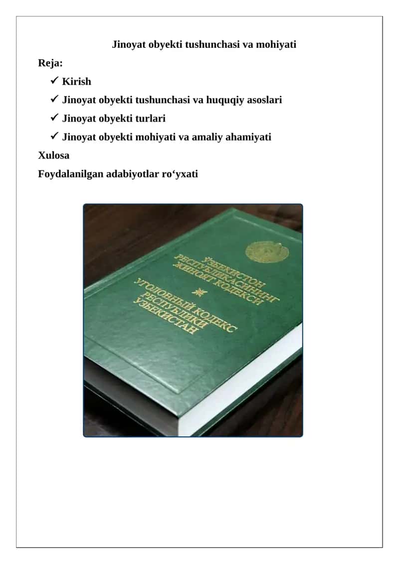 Jinoyat obyekti tushunchasi va mohiyati