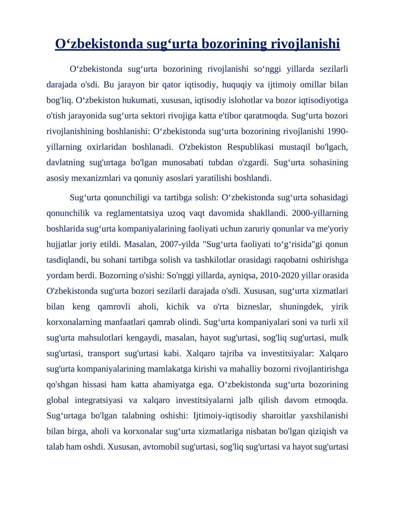 Sugʻurta bozorining rivojlanishi
