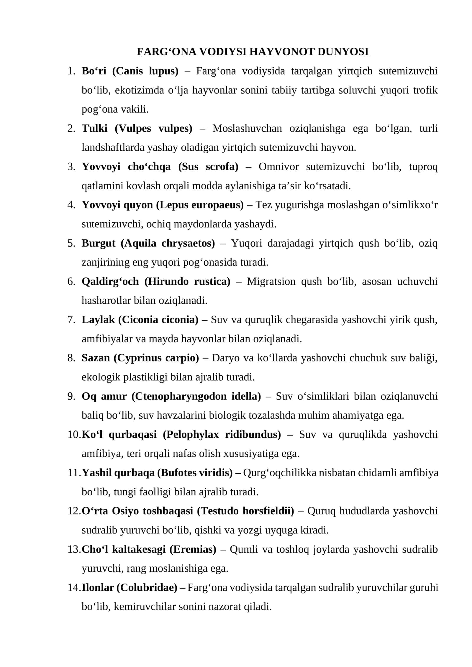 FARG‘ONA VODIYSI HAYVONOT DUNYOSI