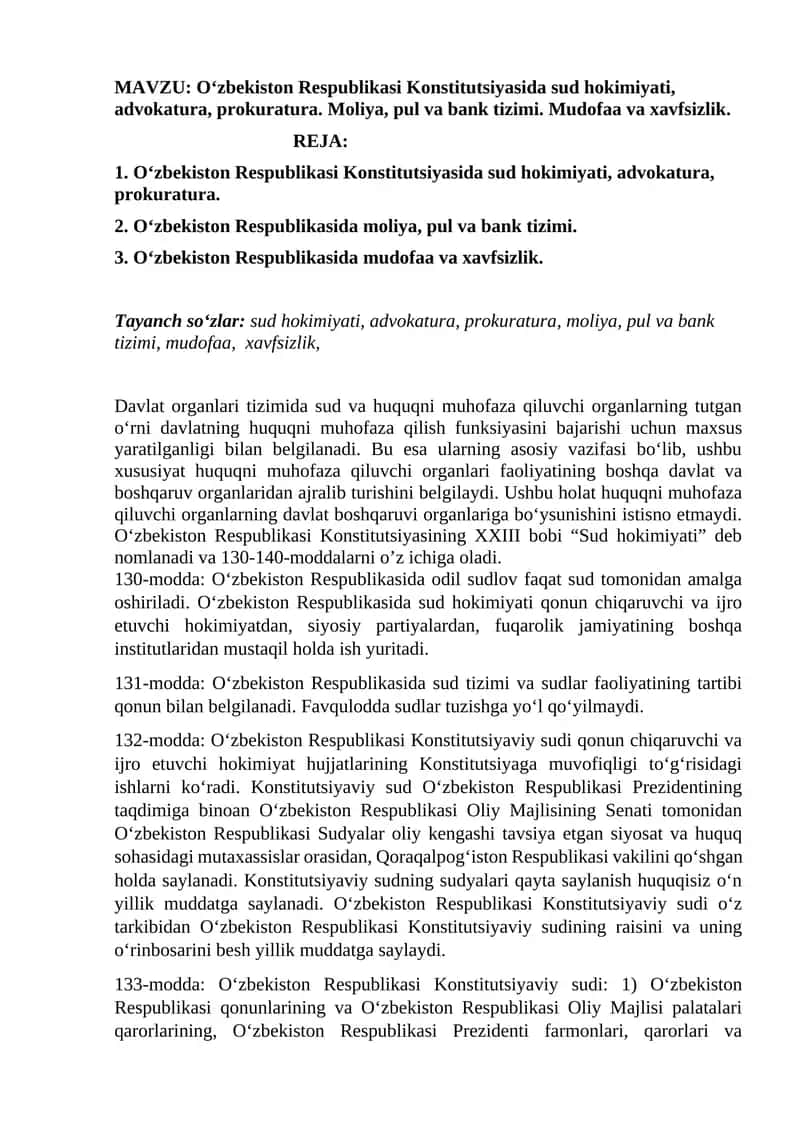 O‘zbekiston Respublikasi Konstitutsiyasida sud hokimiyati, advokatura, prokuratura