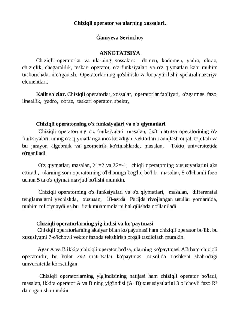 Chiziqli operator va ularning xossalari