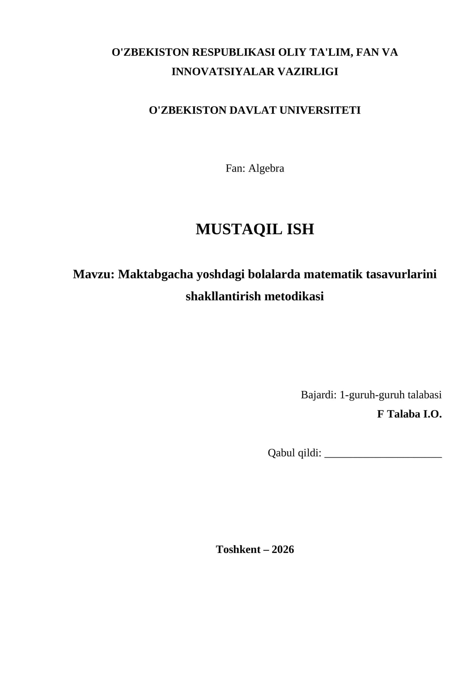 Maktabgacha yoshdagi bolalarda matematik tasavurlarini shakllantirish metodikasi