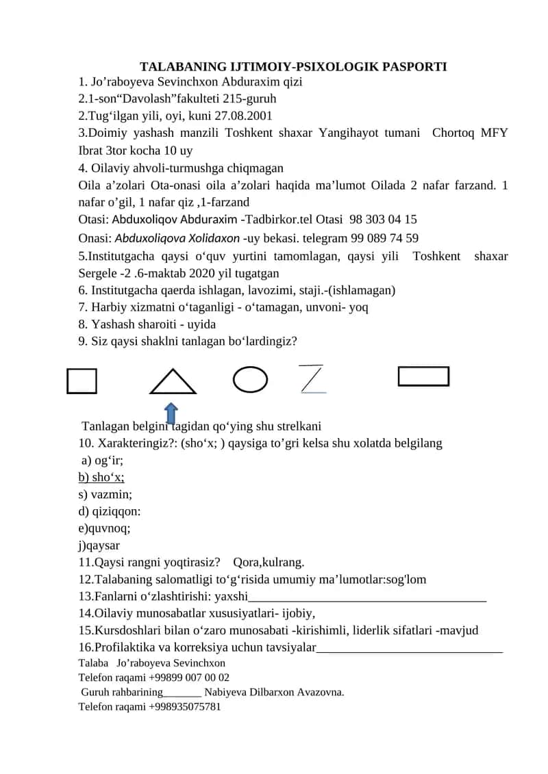 TALABANING IJTIMOIY-PSIXOLOGIK PASPORTI