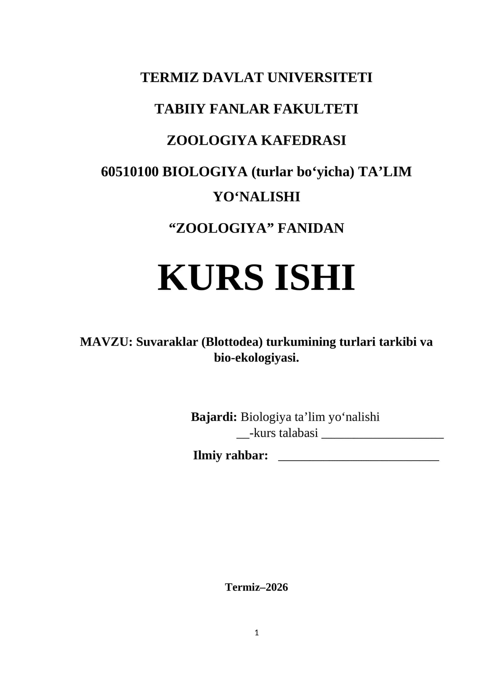 Suvaraklar (Blottodea) turkumining turlari tarkibi va bio-ekologiyasi