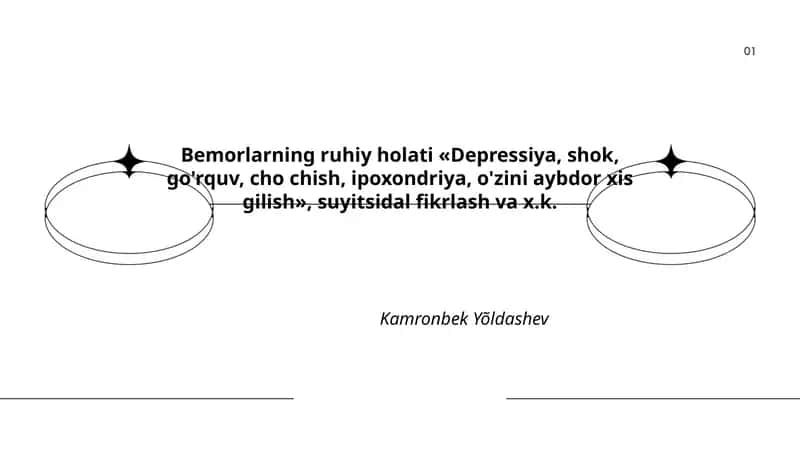 Bemorlarning ruhiy holati «Depressiya, shok, go'rquv, cho chish, ipoxondriya, o'zini aybdor xis gilish», suyitsidal fikrlash va x.k