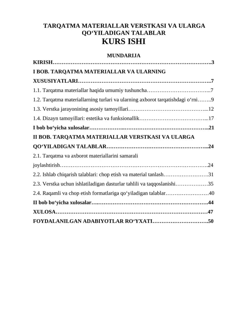TARQATMA MATERIALLAR VERSTKASI VA ULARGA QO‘YILADIGAN TALABLAR