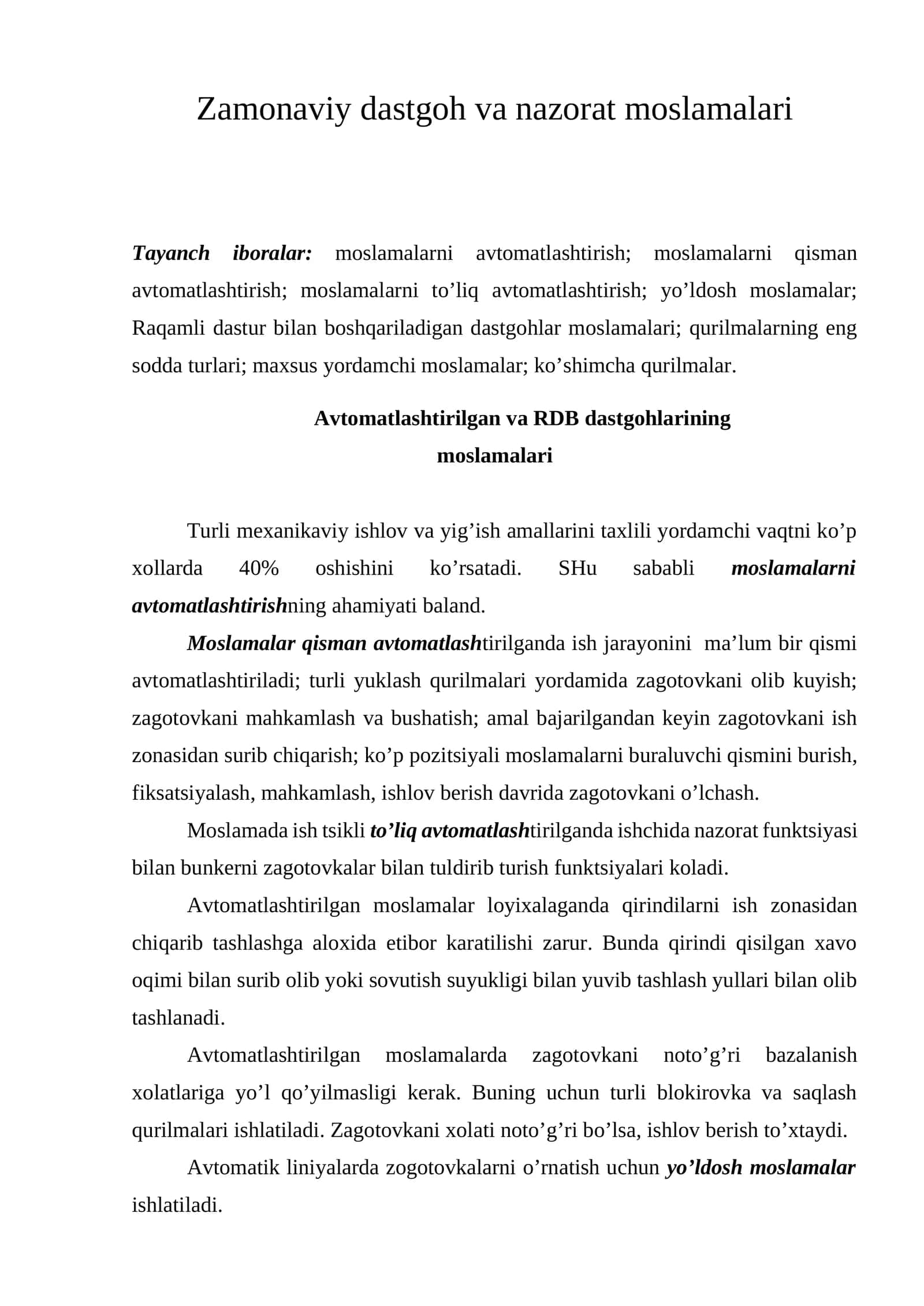 Zamonaviy dastgoh va nazorat moslamalari