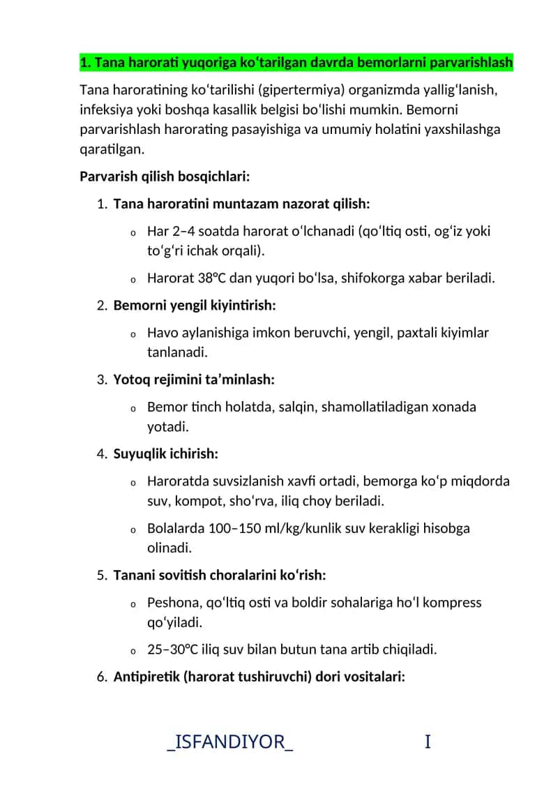 Tana harorati yuqoriga ko‘tarilgan davrda bemorlarni parvarishlash