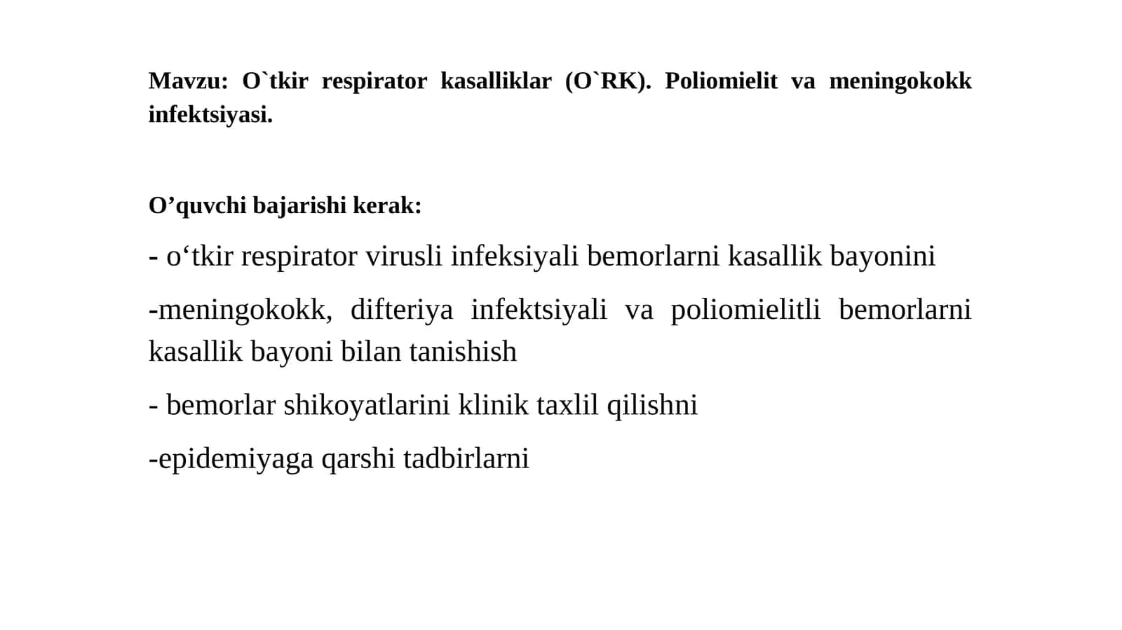 O`tkir respirator kasalliklar (O`RK). Poliomielit va meningokokk infektsiyasi