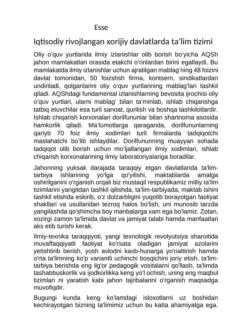iqtisodiy rivojlangan xorijiy davlatlar talim tizimi
