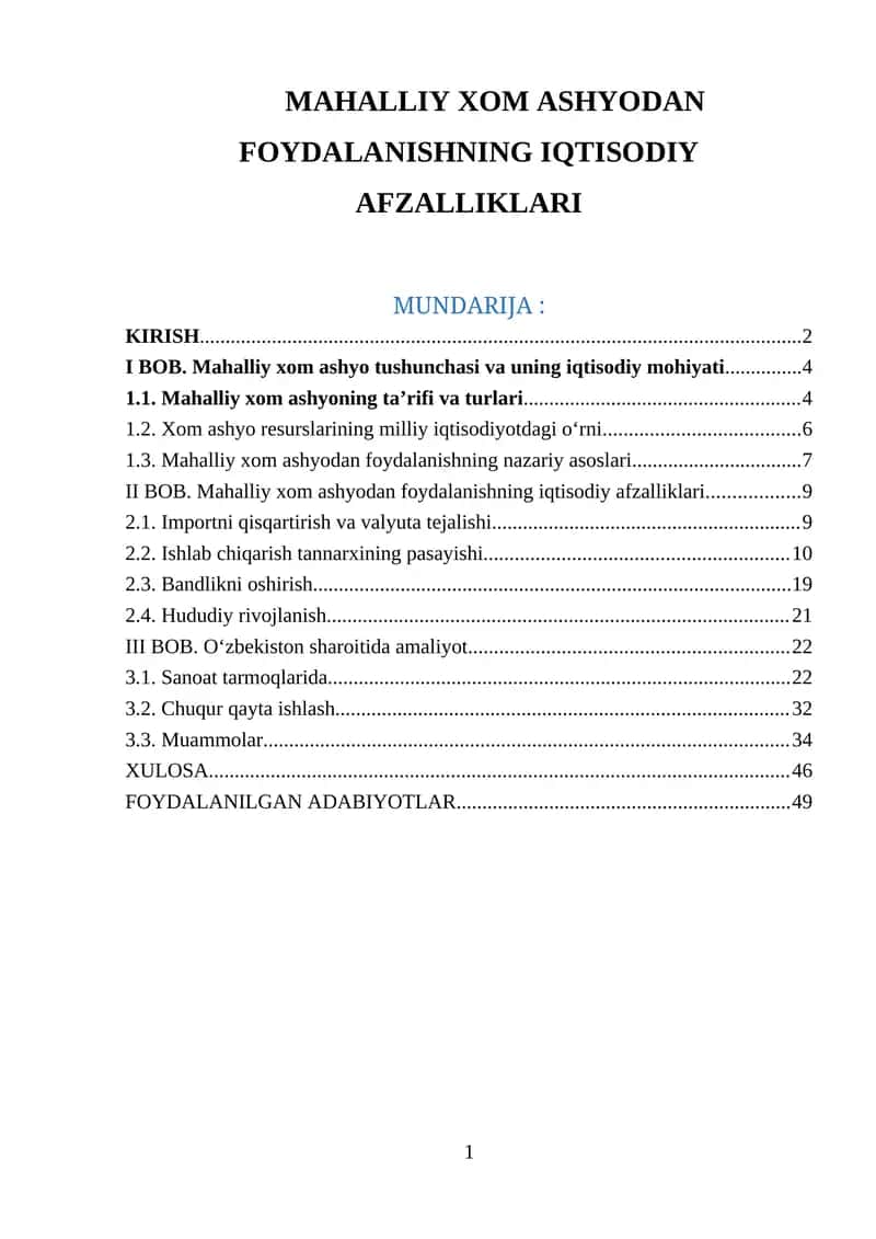 MAHALLIY XOM ASHYODAN FOYDALANISHNING IQTISODIY AFZALLIKLARI