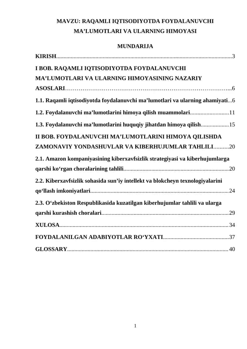 Raqamli iqtisodiyotda foydalanuvchi ma’lumotlari va ularning himoyasi