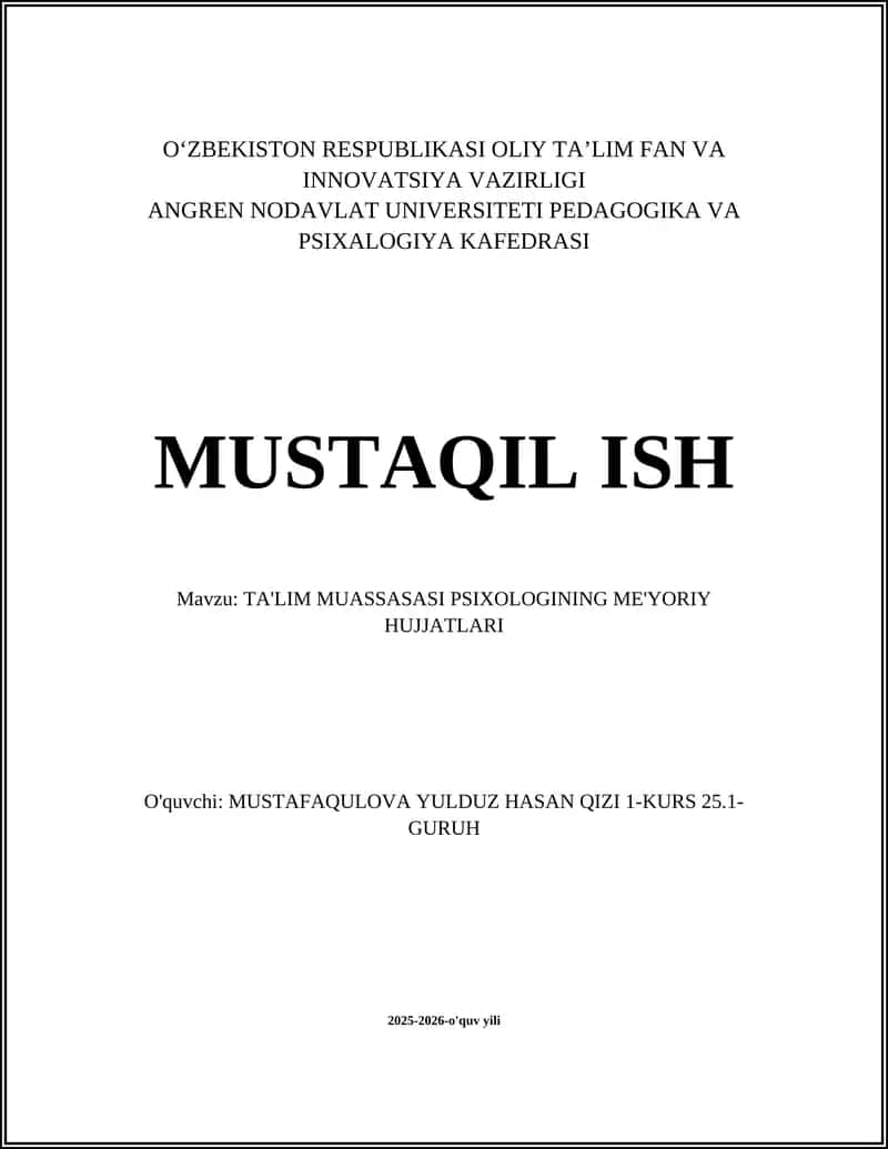 TA'LIM MUASSASASI PSIXOLOGINING ME'YORIY HUJJATLARI