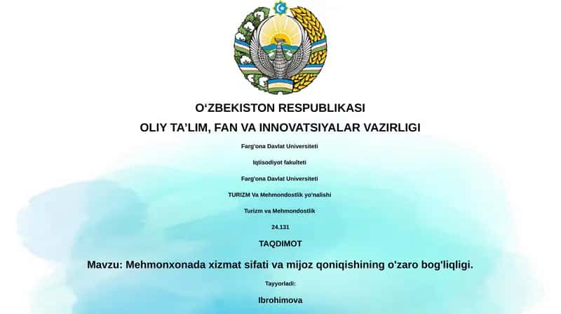 Mehmonxonada xizmat sifati va mijoz qoniqishining o'zaro bog'liqligi