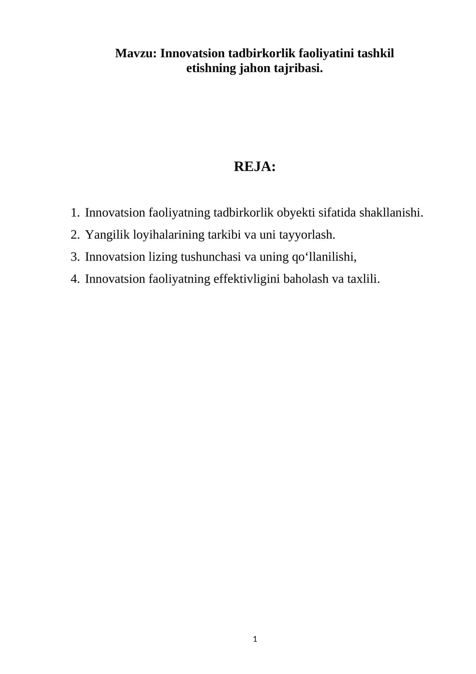 Innovatsion tadbirkorlik faoliyatini tashkil etishning jahon tajribasi