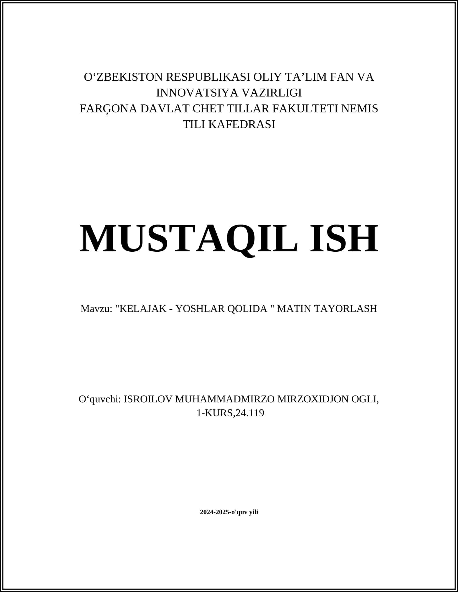 KELAJAK - YOSHLAR QOLIDA MATIN TAYORLASH