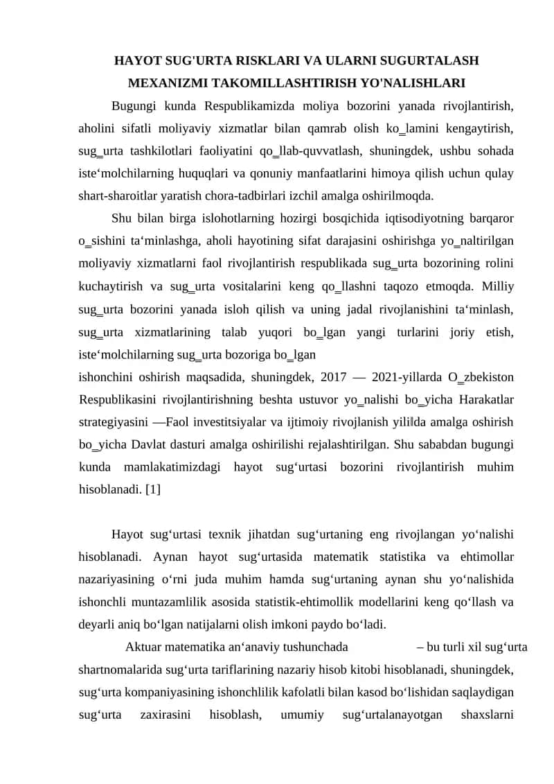 HAYOT SUG'URTA RISKLARI VA ULARNI SUGURTALASH MEXANIZMI TAKOMILLASHTIRISH YO'NALISHLARI