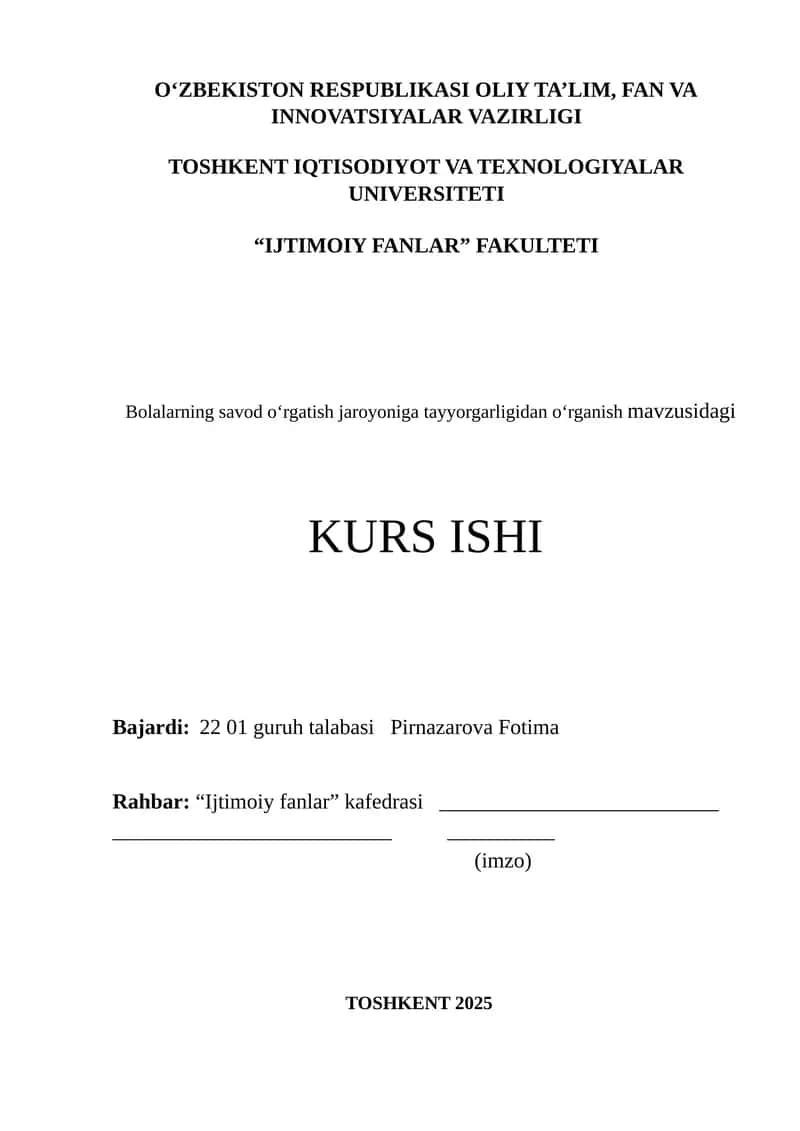 Bolalarning savod oʻrgatish jaroyoniga tayyorgarligidan oʻrganish