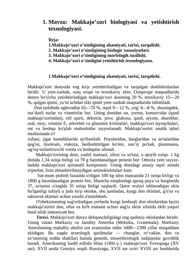 Makkajo’xori biologiyasi va yetishtirish texnologiyasi