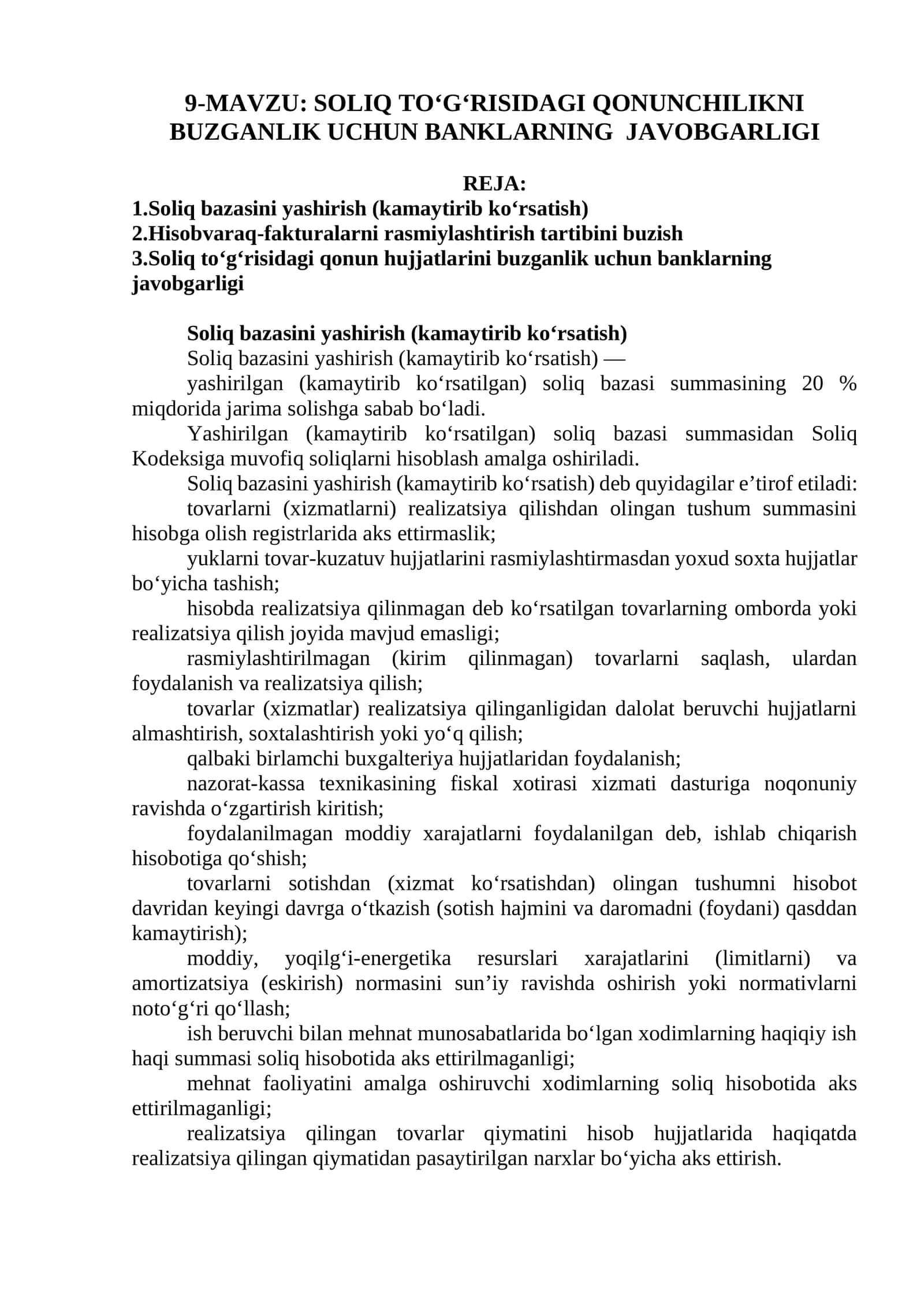 SOLIQ TO‘G‘RISIDAGI QONUNCHILIKNI BUZGANLIK UCHUN BANKLARNING JAVOBGARLIGI