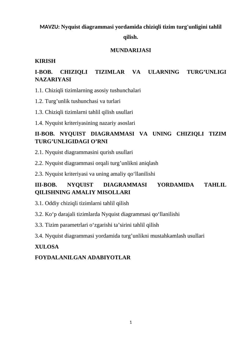 Nyquist diagrammasi yordamida chiziqli tizim turg'unligini tahlil qilish