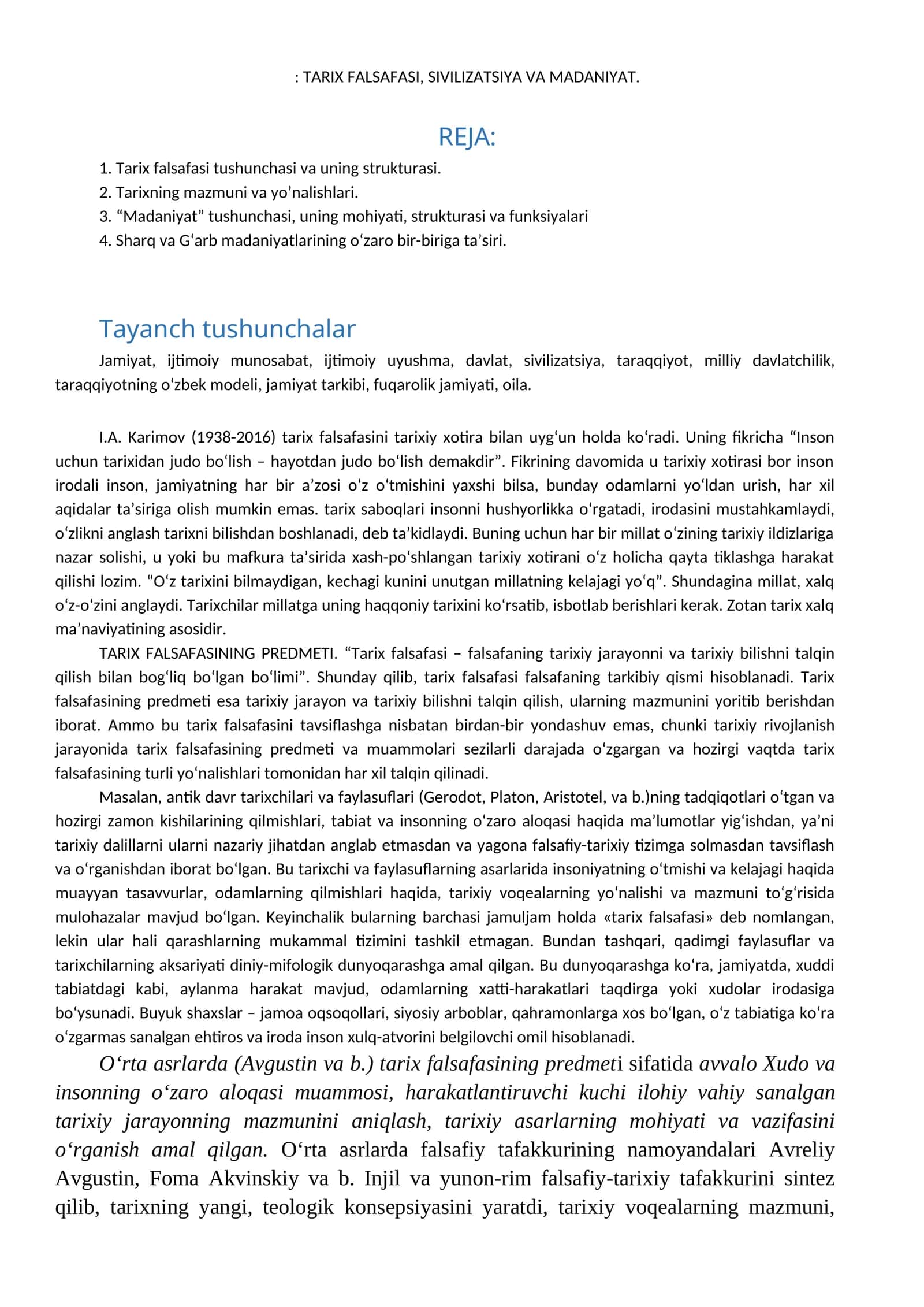 TARIX FALSAFASI, SIVILIZATSIYA VA MADANIYAT
