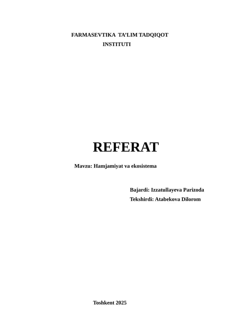 FARMASEVTIKA TA’LIM TADQIQOT INSTITUTI REFERAT
