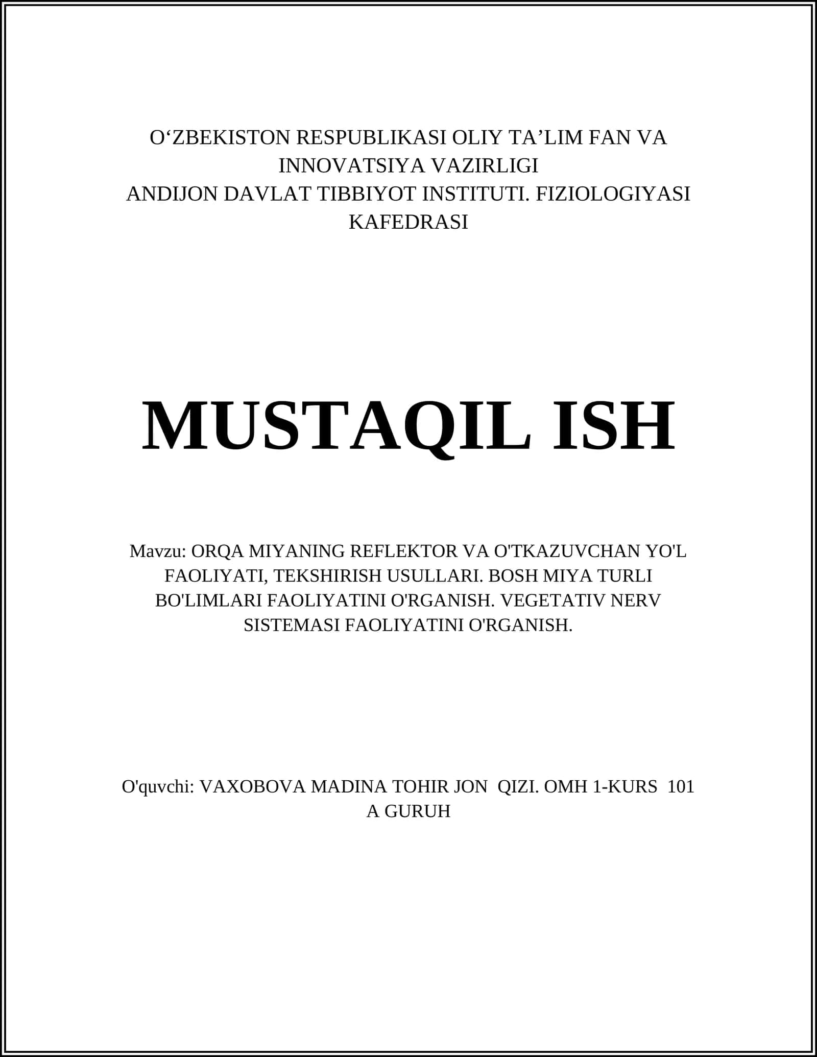 ORQA MIYANING REFLEKTOR VA O'TKAZUVCHAN YO'L FAOLIYATI