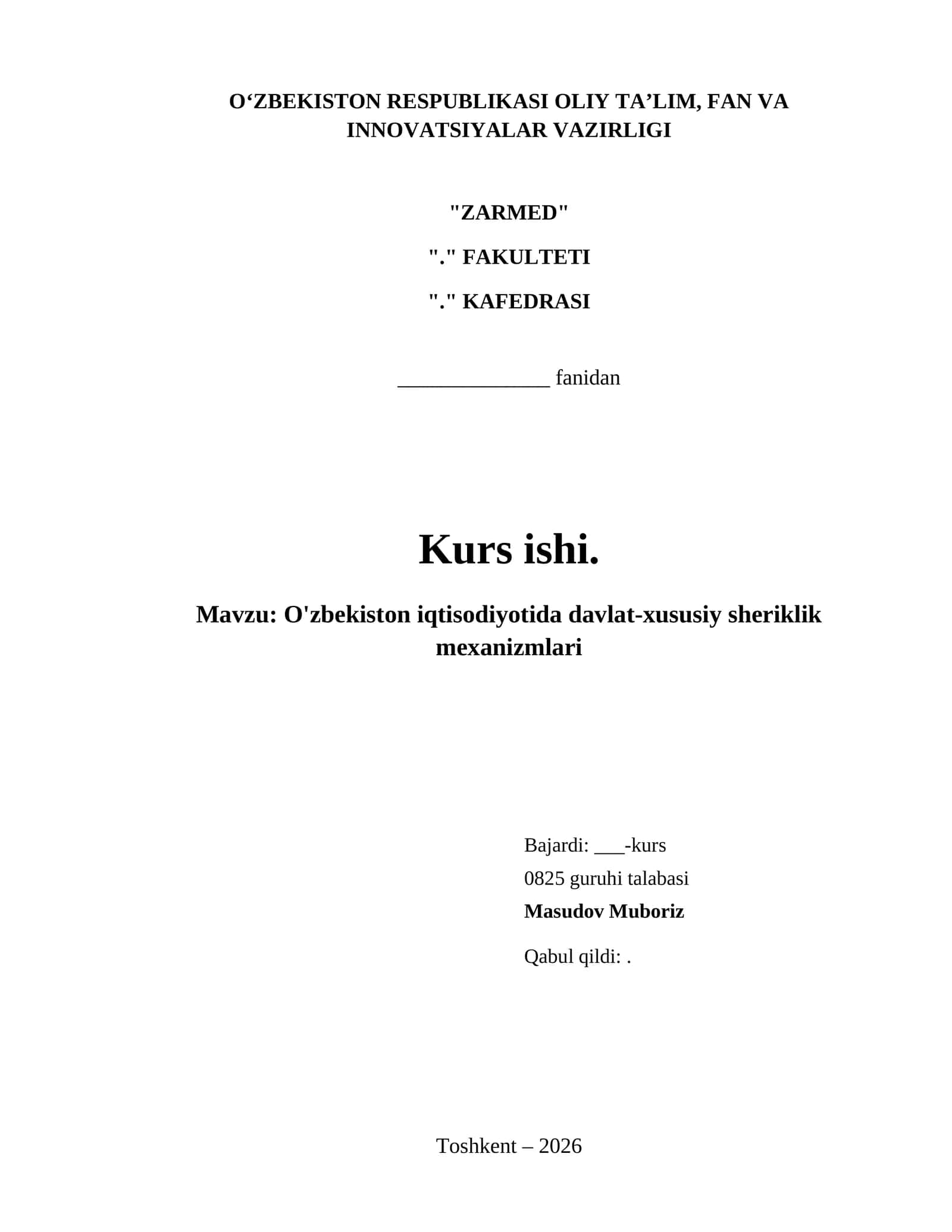O'zbekiston iqtisodiyotida davlat-xususiy sheriklik mexanizmlari