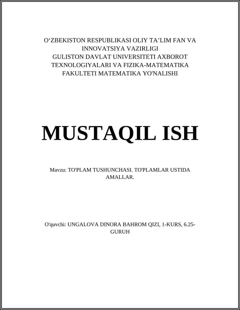 TO'PLAM TUSHUNCHASI. TO'PLAMLAR USTIDA AMALLAR