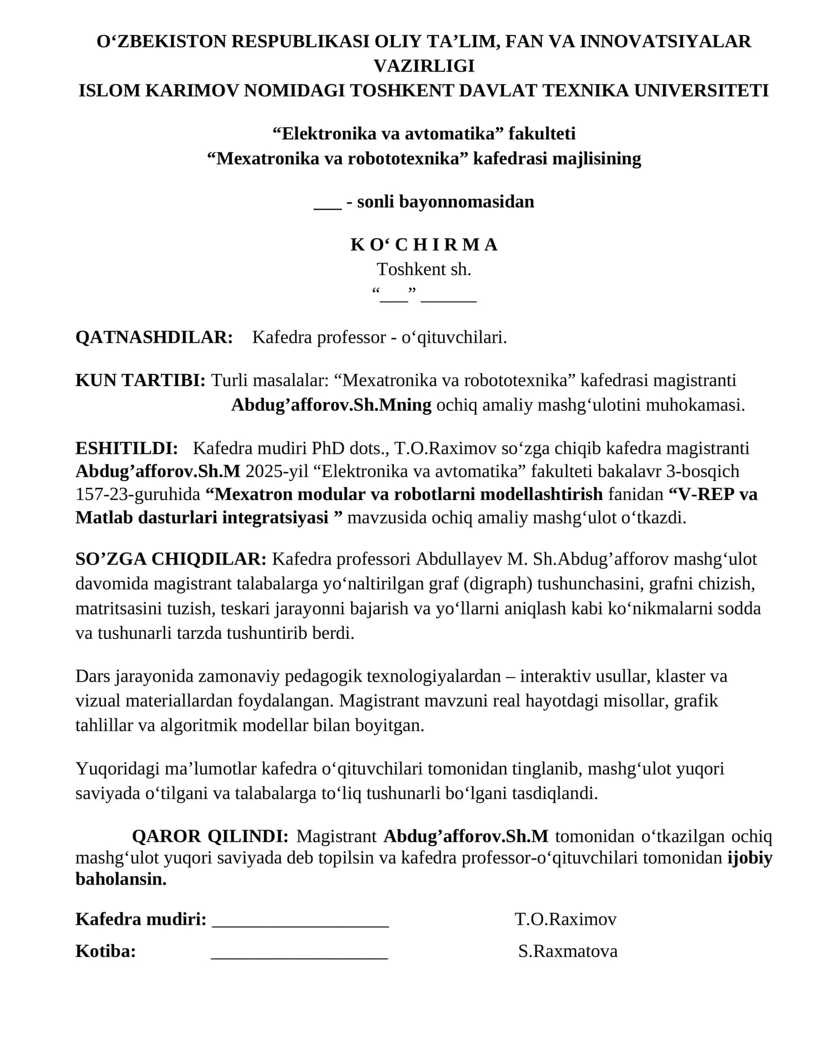 "V-REP va Matlab dasturlari integratsiyasi" mavzusida ochiq amaliy mashg'ulot