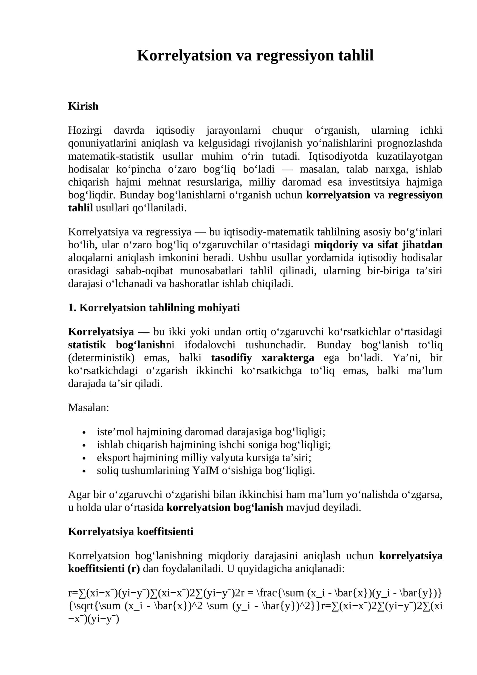 Korrelyatsion va regressiyon tahlil