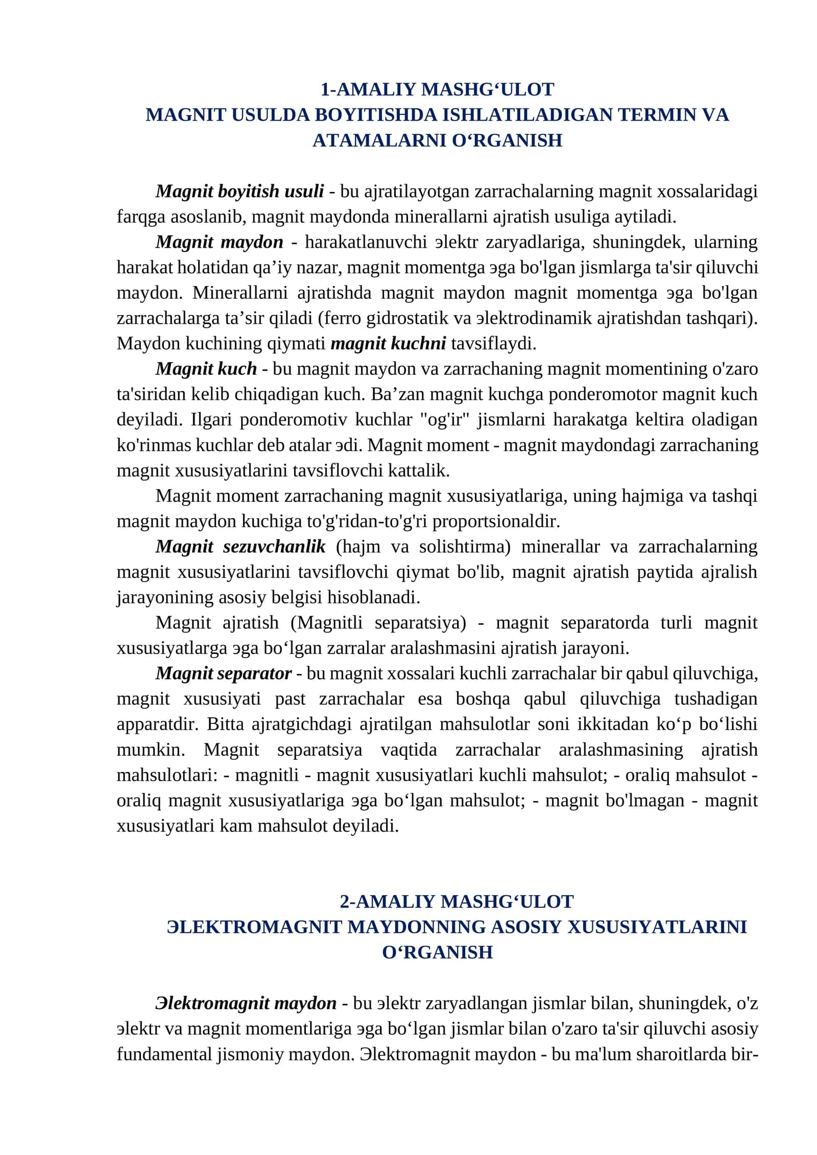 Magnit usulda bo'yitishda ishlatiladigan termin va atamalarni o‘rganish