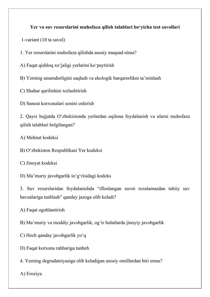 Yer va suv resurslarini muhofaza qilish talablari bo‘yicha test savollari