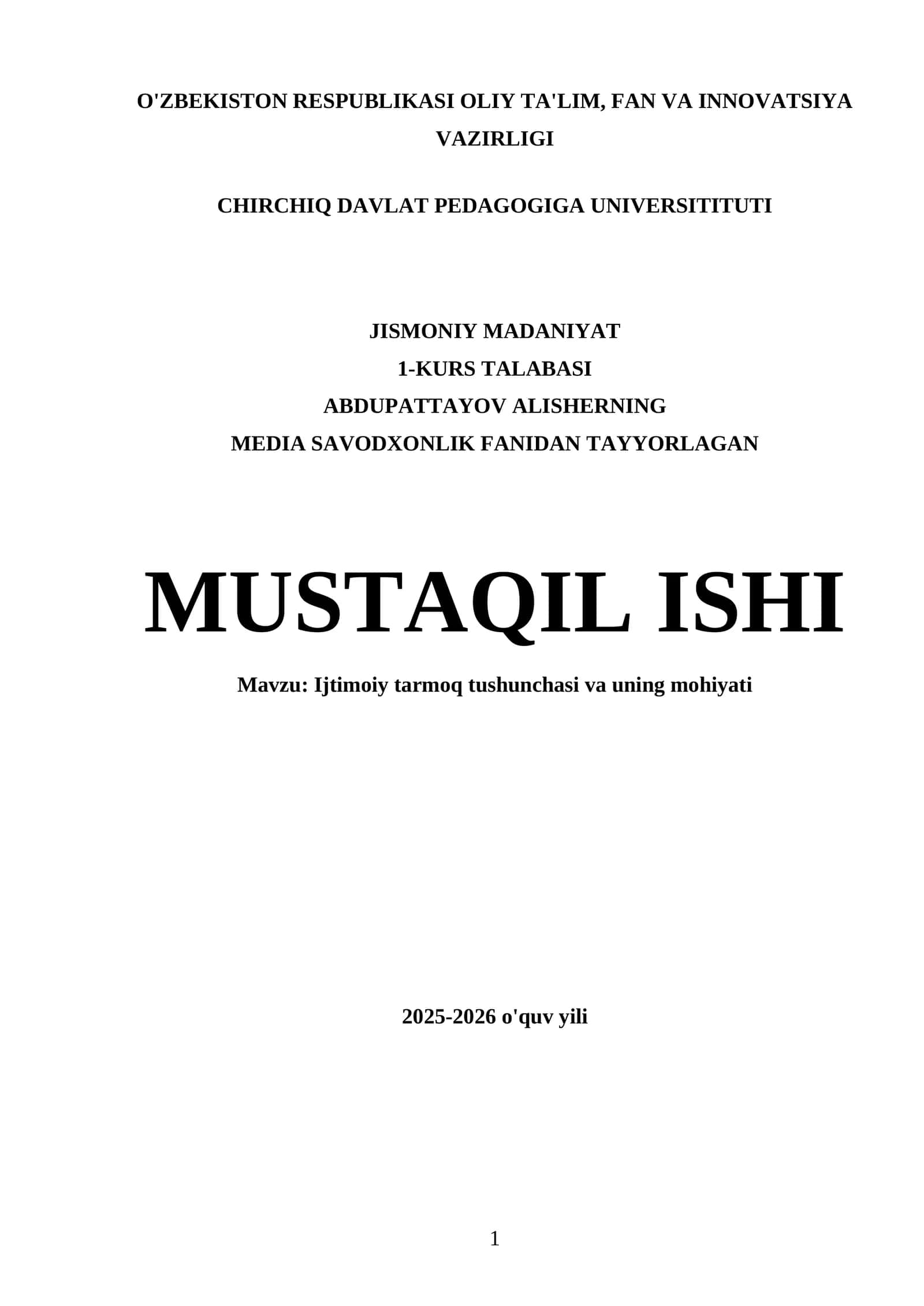 CHIRCHIQ DAVLAT PEDAGOGIGA UNIVERSITITUTI - MUSTAQIL ISHI