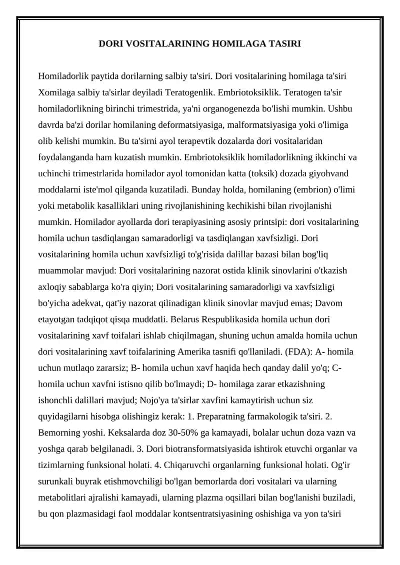 Dori Vositalarining Homilaga Tasiri