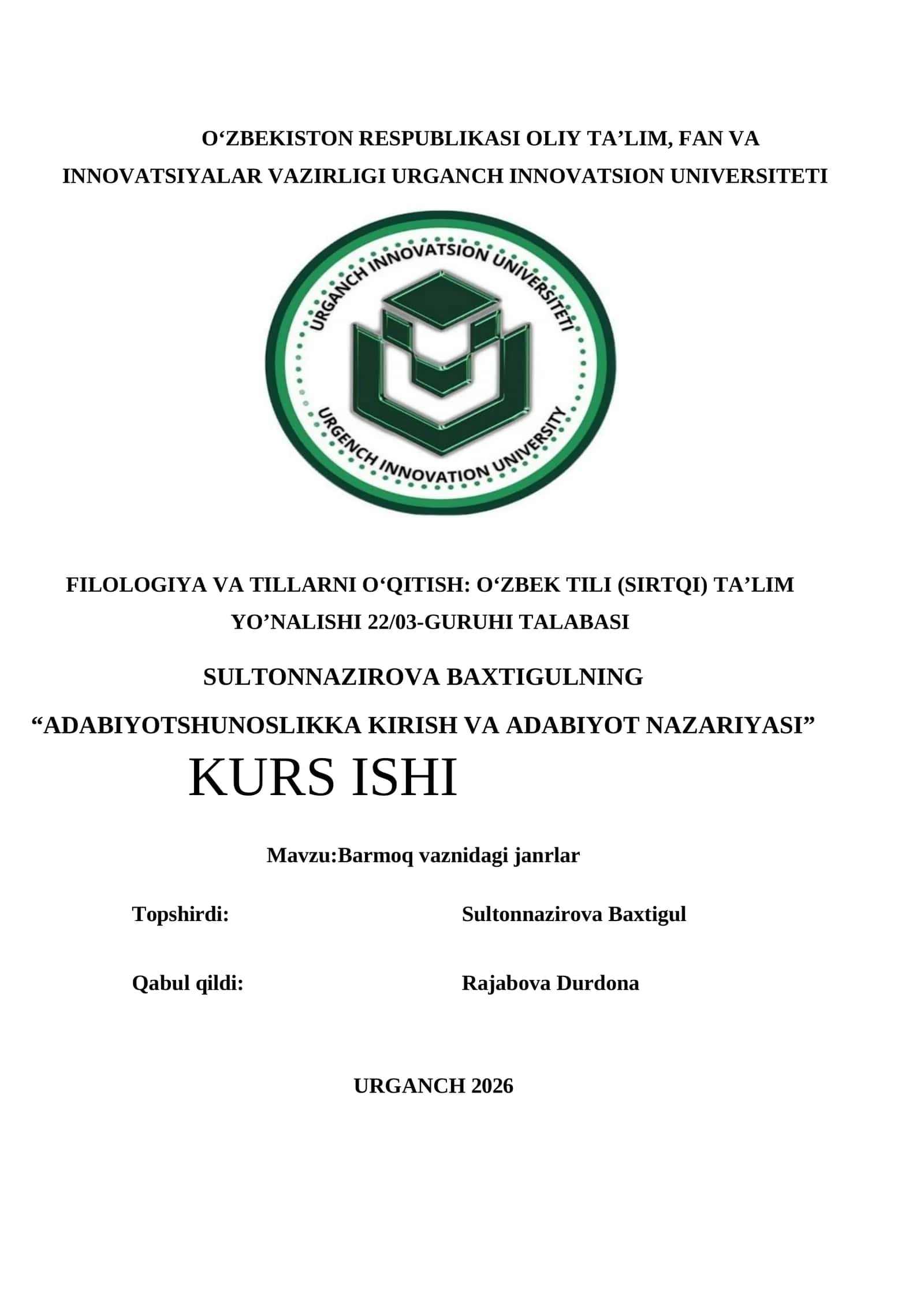 "ADABIYOTSHUNOSLIKKA KIRISH VA ADABIYOT NAZARIYASI" KURS ISHI