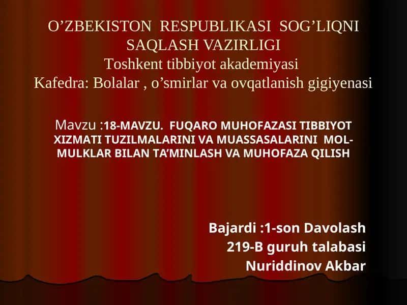 O’ZBЕKISTON RЕSPUBLIKASI SOG’LIQNI SAQLASH VAZIRLIGI: Toshkent tibbiyot akadеmiyasi