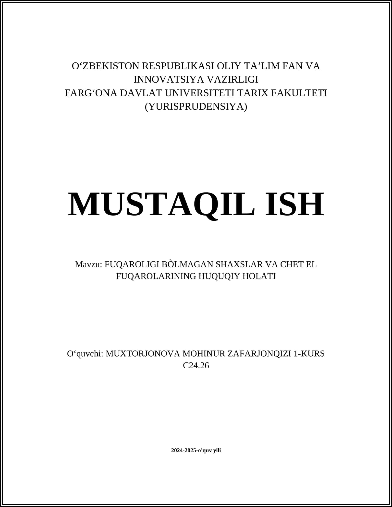 FUQAROLIGI BÒLMAGAN SHAXSLAR VA CHET EL FUQAROLARINING HUQUQIY HOLATI
