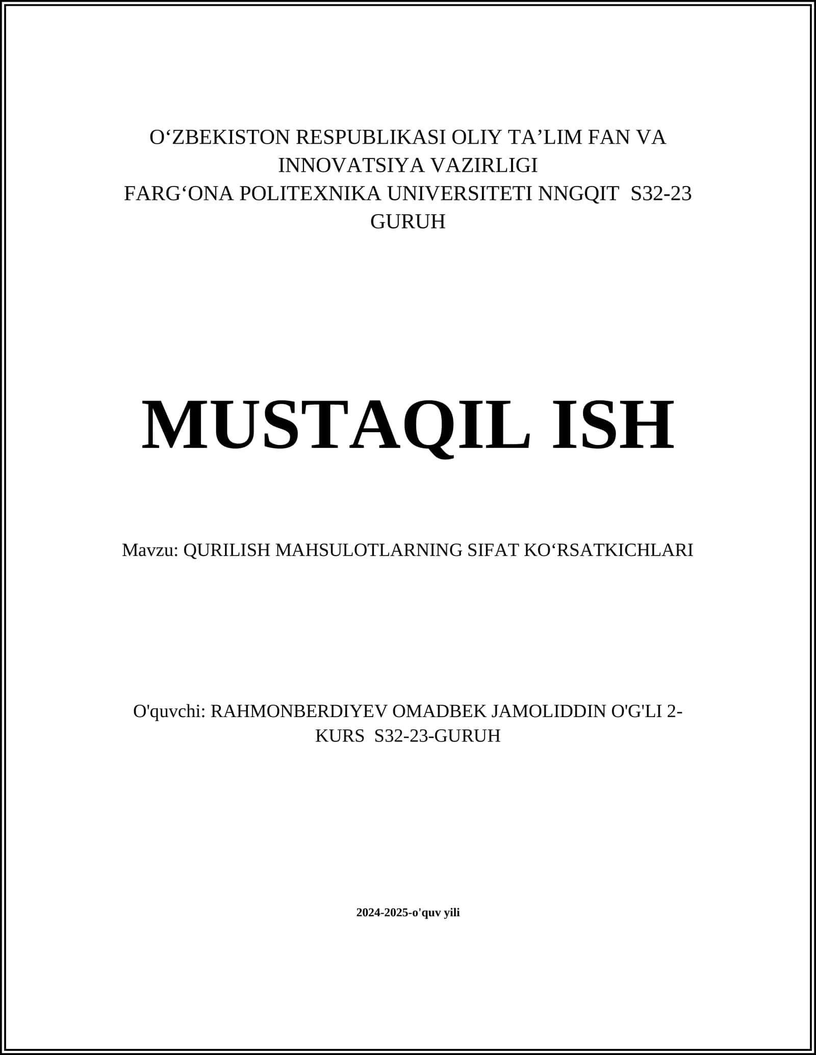 QURILISH MAHSULOTLARNING SIFAT KOʻRSATKICHLARI