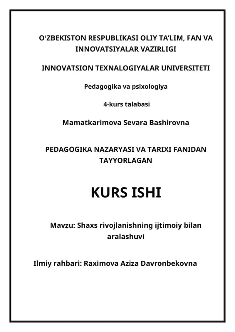 PEDAGOGIKA NAZARYASI VA TARIXI FANIDAN TAYYORLAGAN KURS ISHI