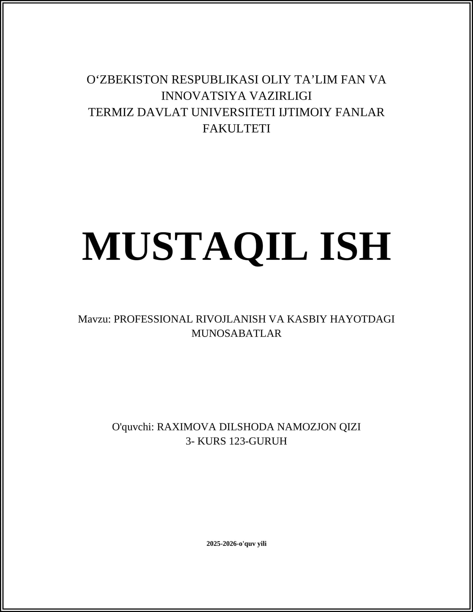 PROFESSIONAL RIVOJLANISH VA KASBIY HAYOTDAGI MUNOSABATLAR